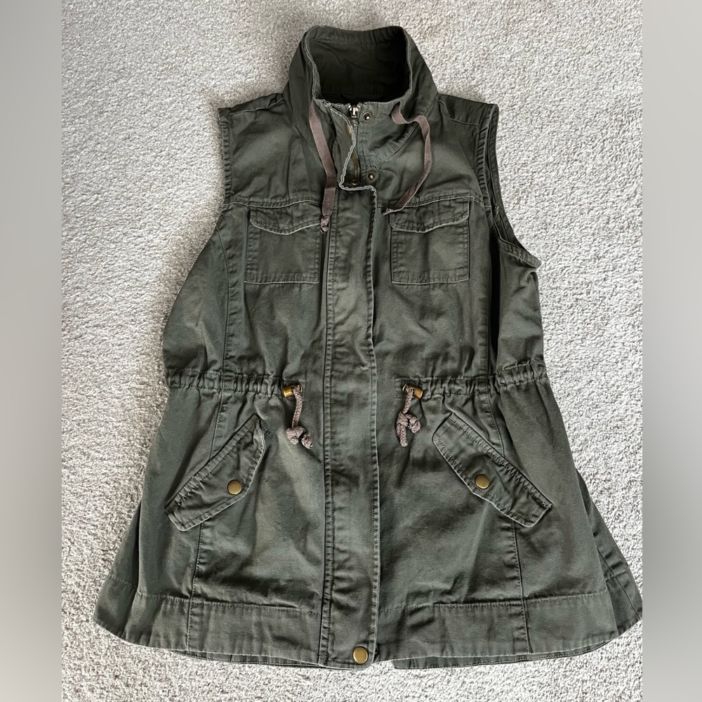 Sebby Cotton Vest, Women’s Olive Green Long Cotton Vest Size L, Cinch Waist